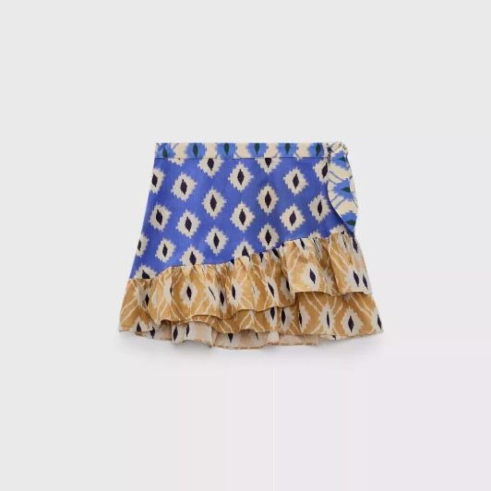 ZARA WOMEN'S PRINTED SARONG SKIRT BLUE PRINT WRAP RUFFLE SIZE 2183 057 400